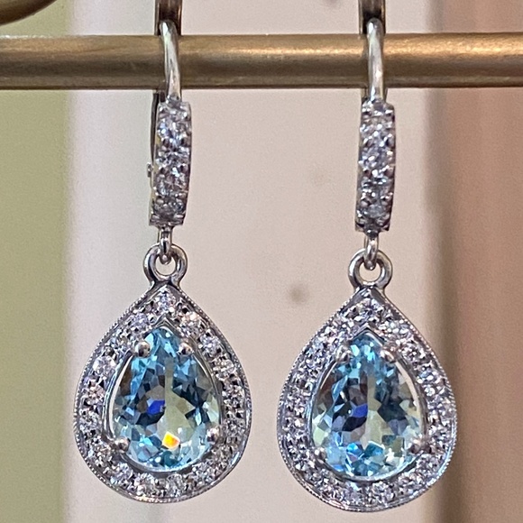 Designer PENNY PREVILLE 18K White Gold Diamond Aquamarine Dangle Drop Earrings - Picture 9 of 16